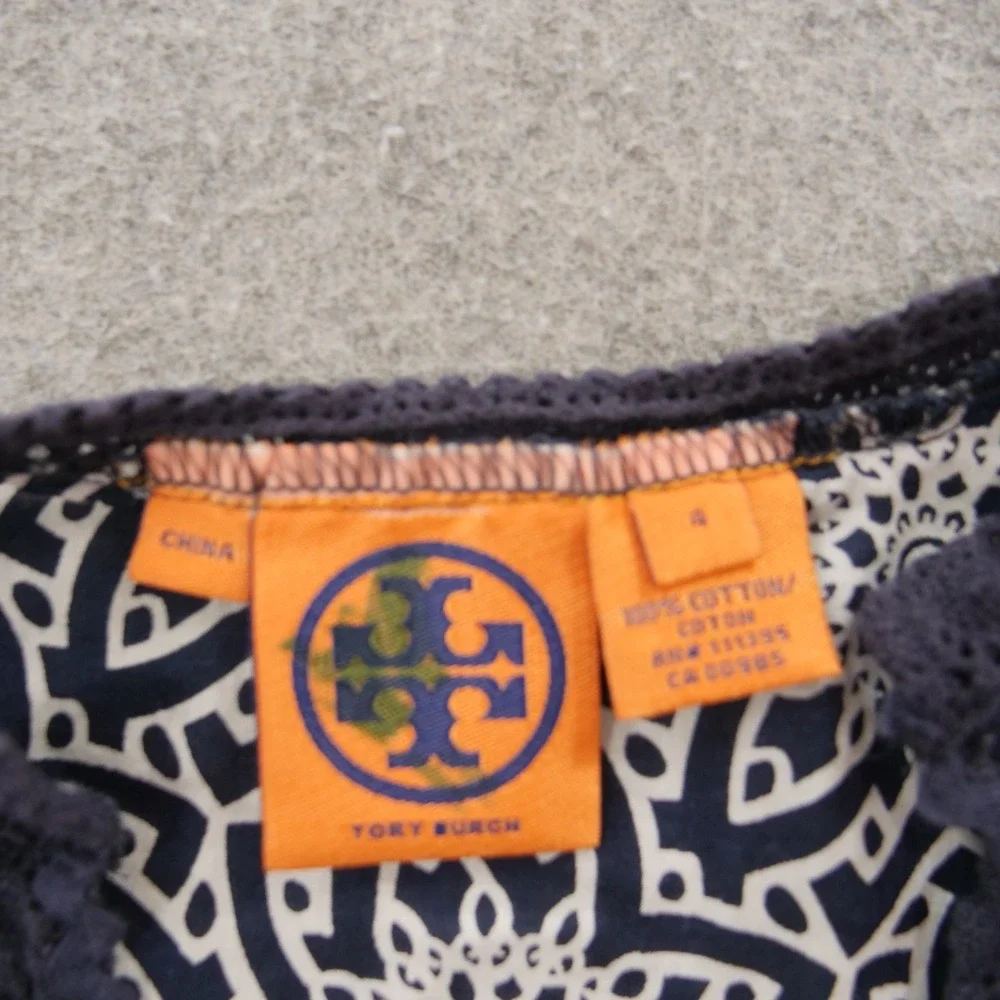 Tory Burch Top Womens 4 Blue Peasant Front Tie Floral Scoop Neck